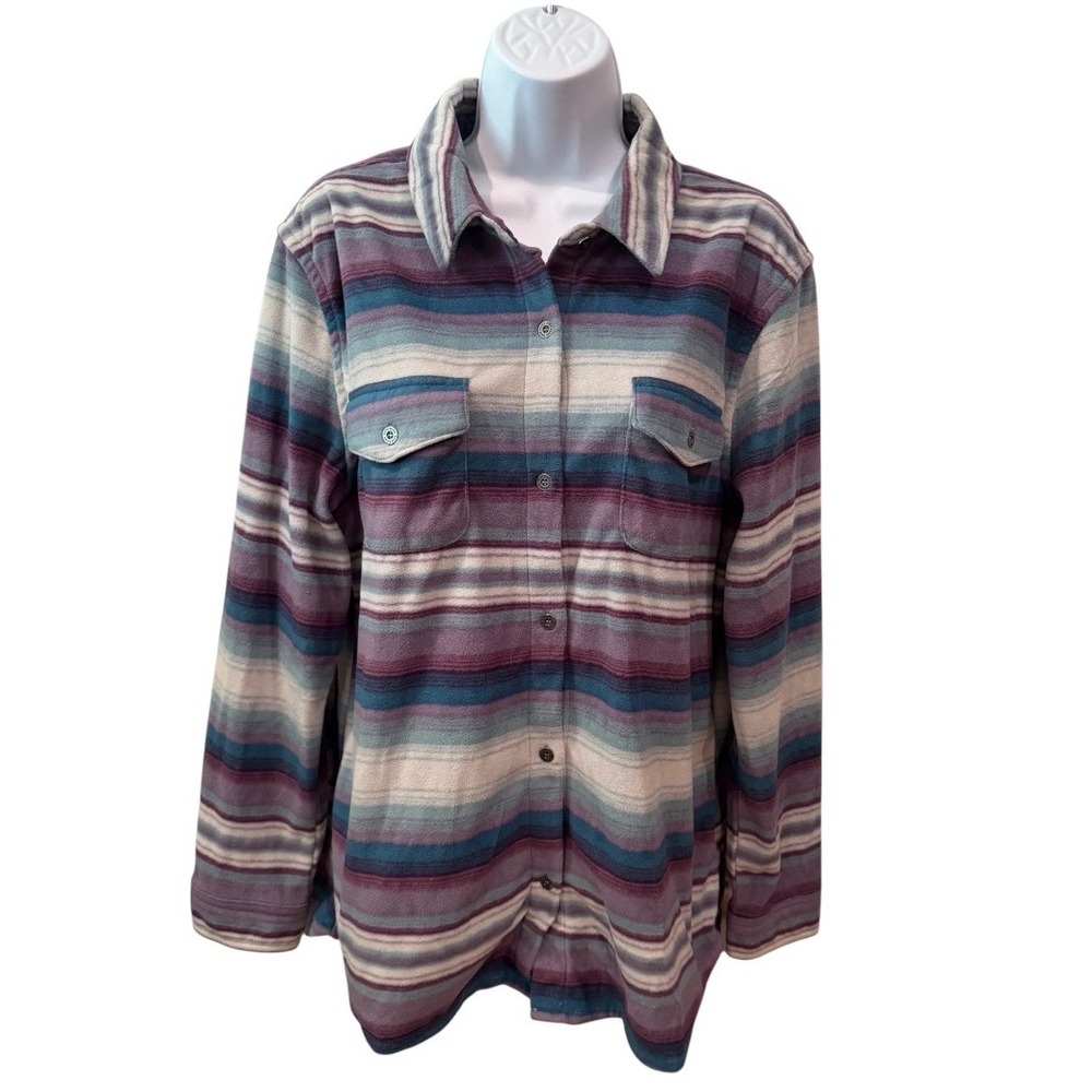 Eddie Bauer Womens Fleece Shirt Large Purple Teal Striped Button Down